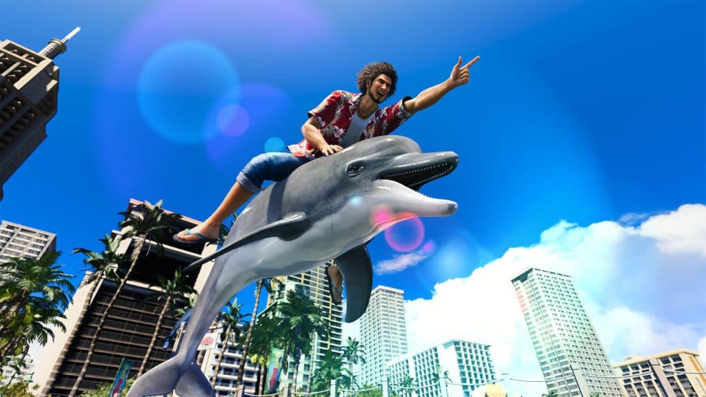Ichiban rides a dolphin in Like a Dragon Infinite Wealth