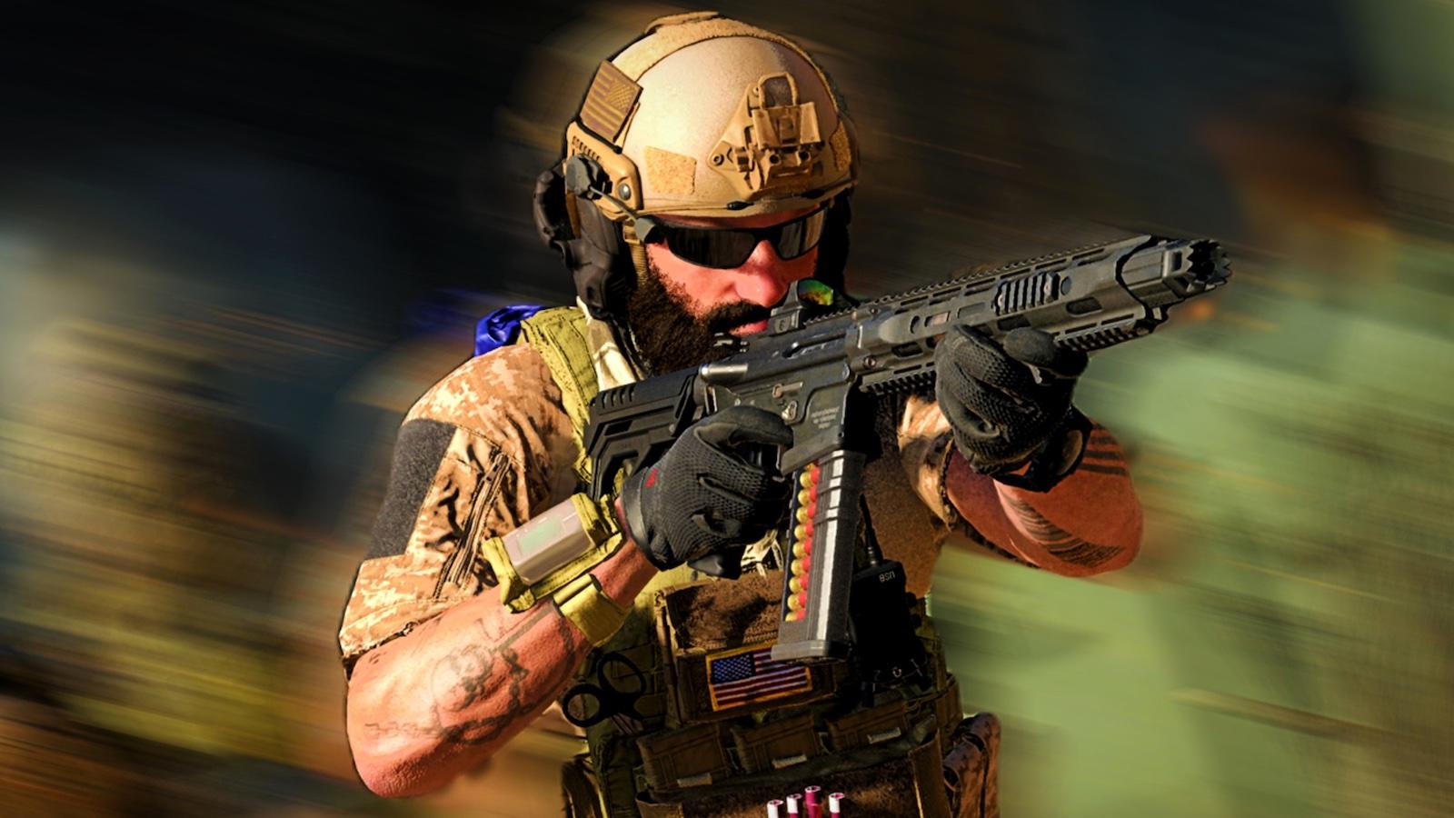 MW3 soldier carrying gun with background blurred