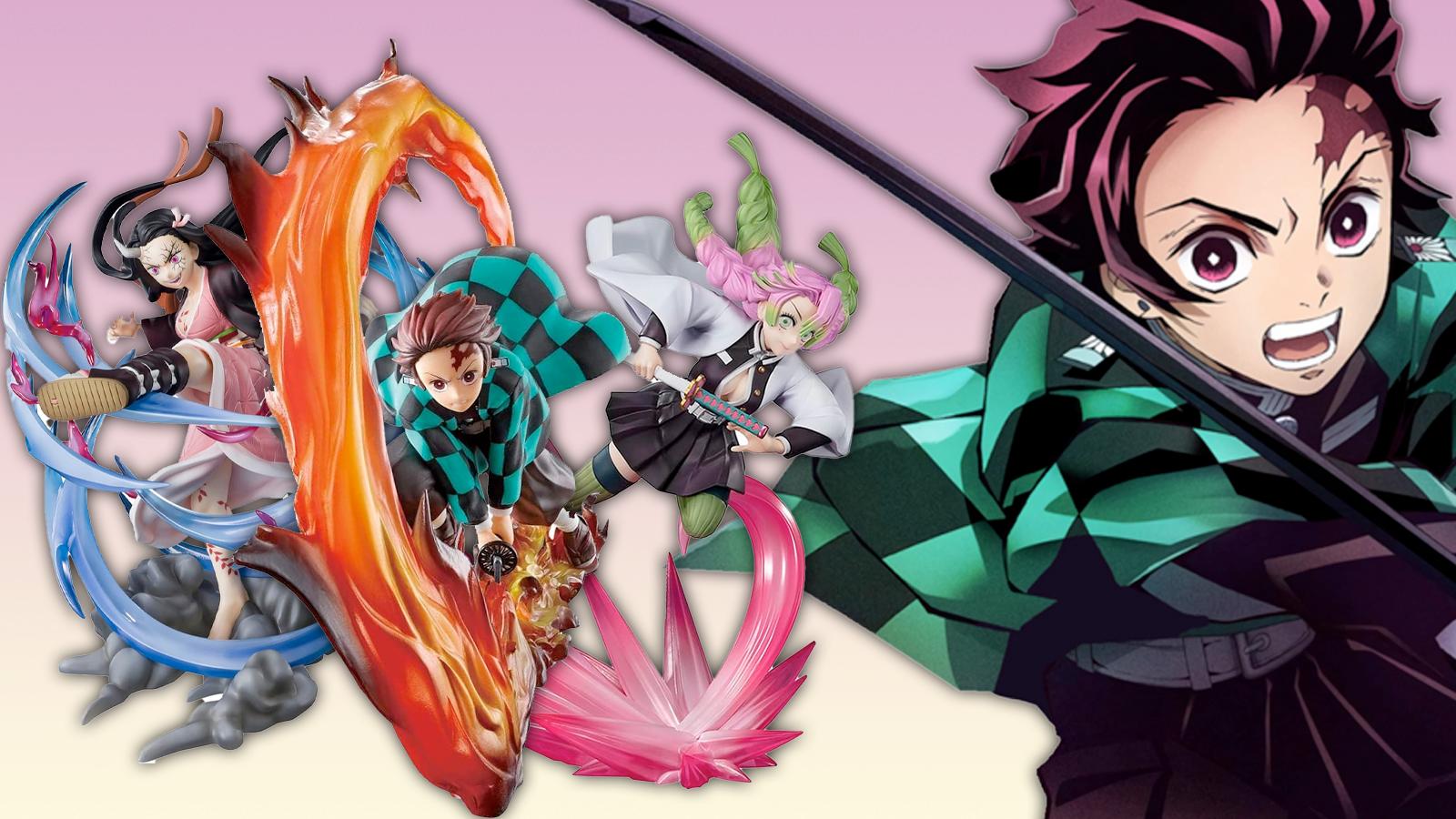 demon slayer characters and figures on a pink background