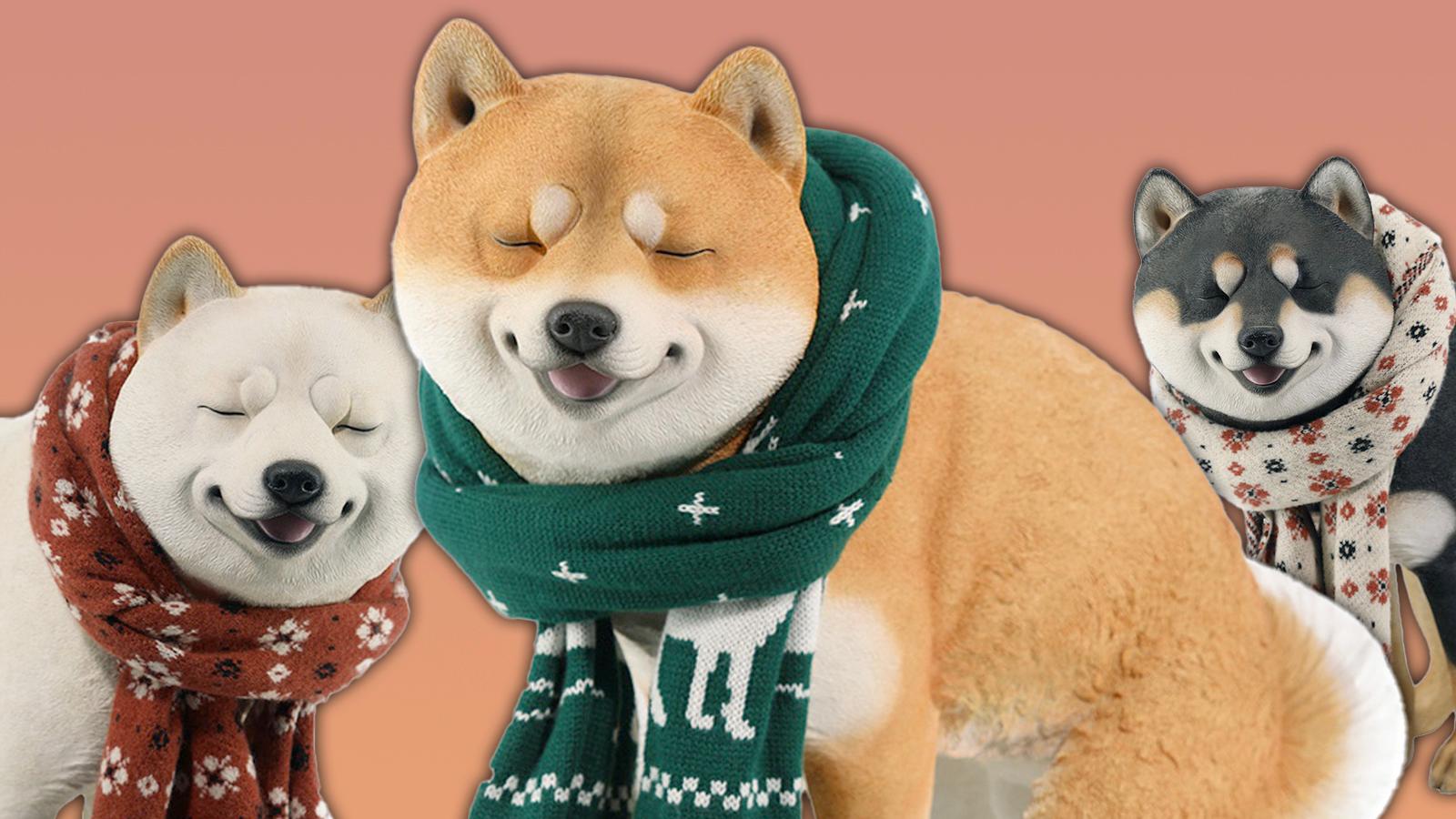 three statues of shiba inus smiling as they poop on a brown background