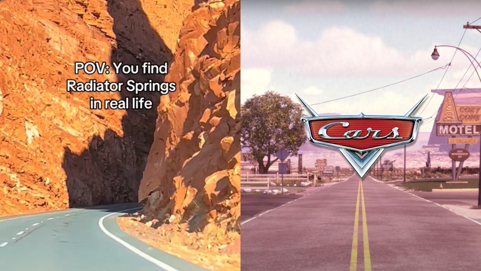 Real life Radiator springs TikTok next to Cars logo