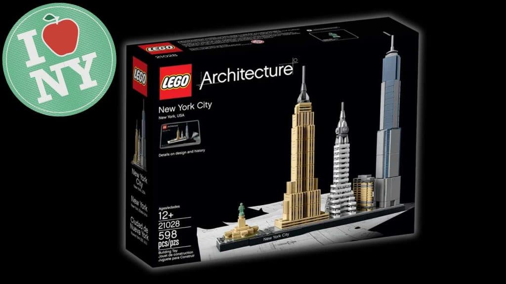 The LEGO Architecture New York City on a black background with a sticker.
