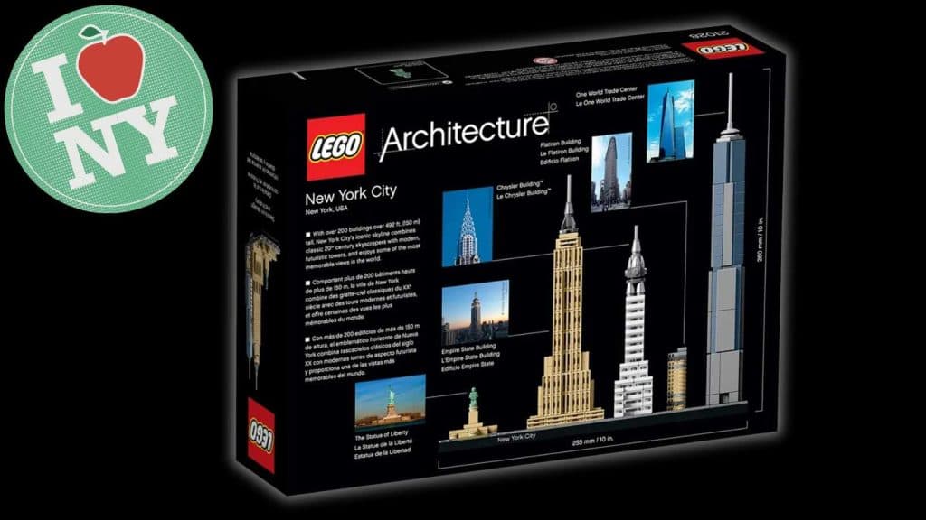 The LEGO Architecture New York City on a black background with a sticker.