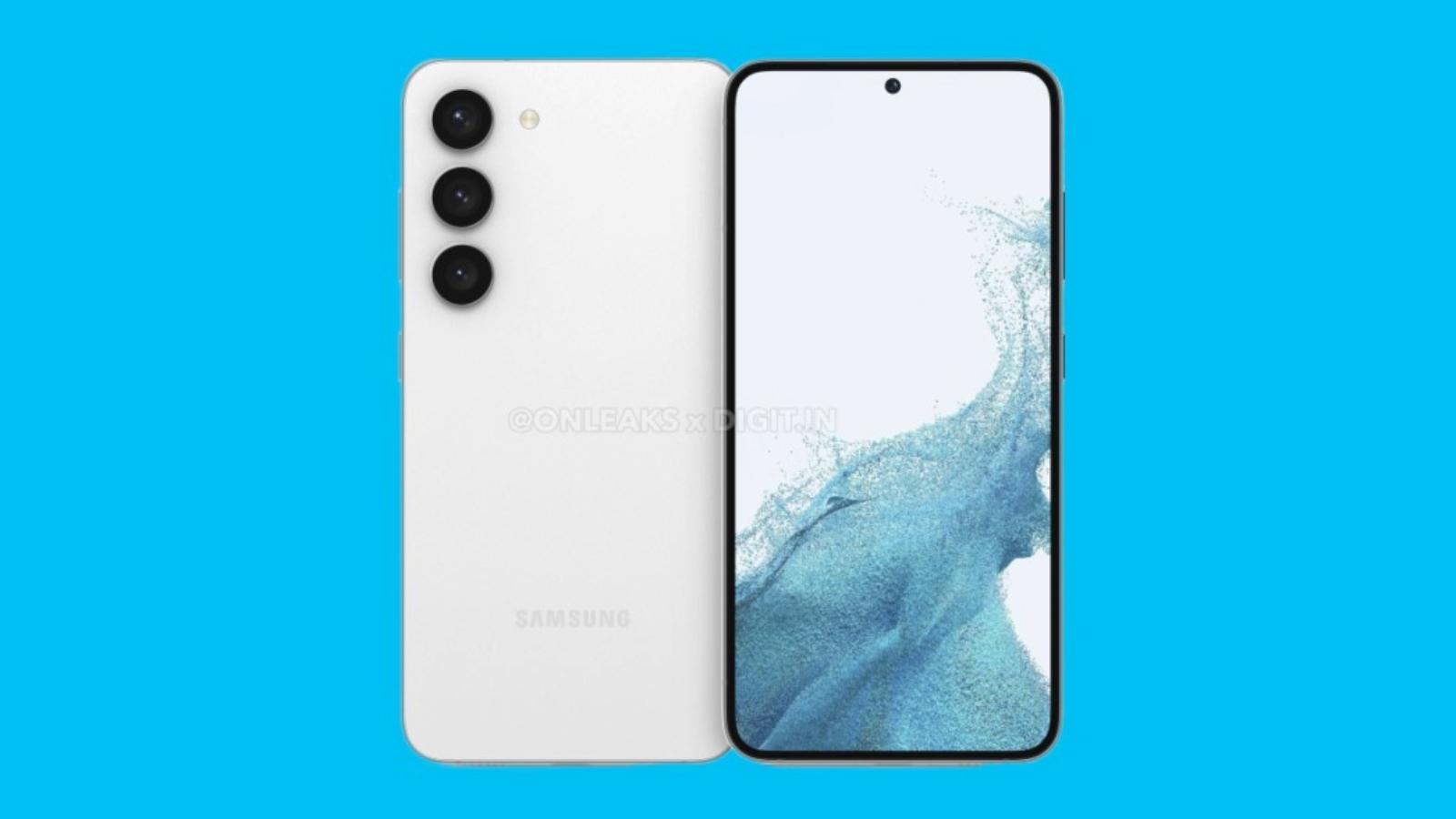 Samsung Galaxy S23 against a blue backrgound