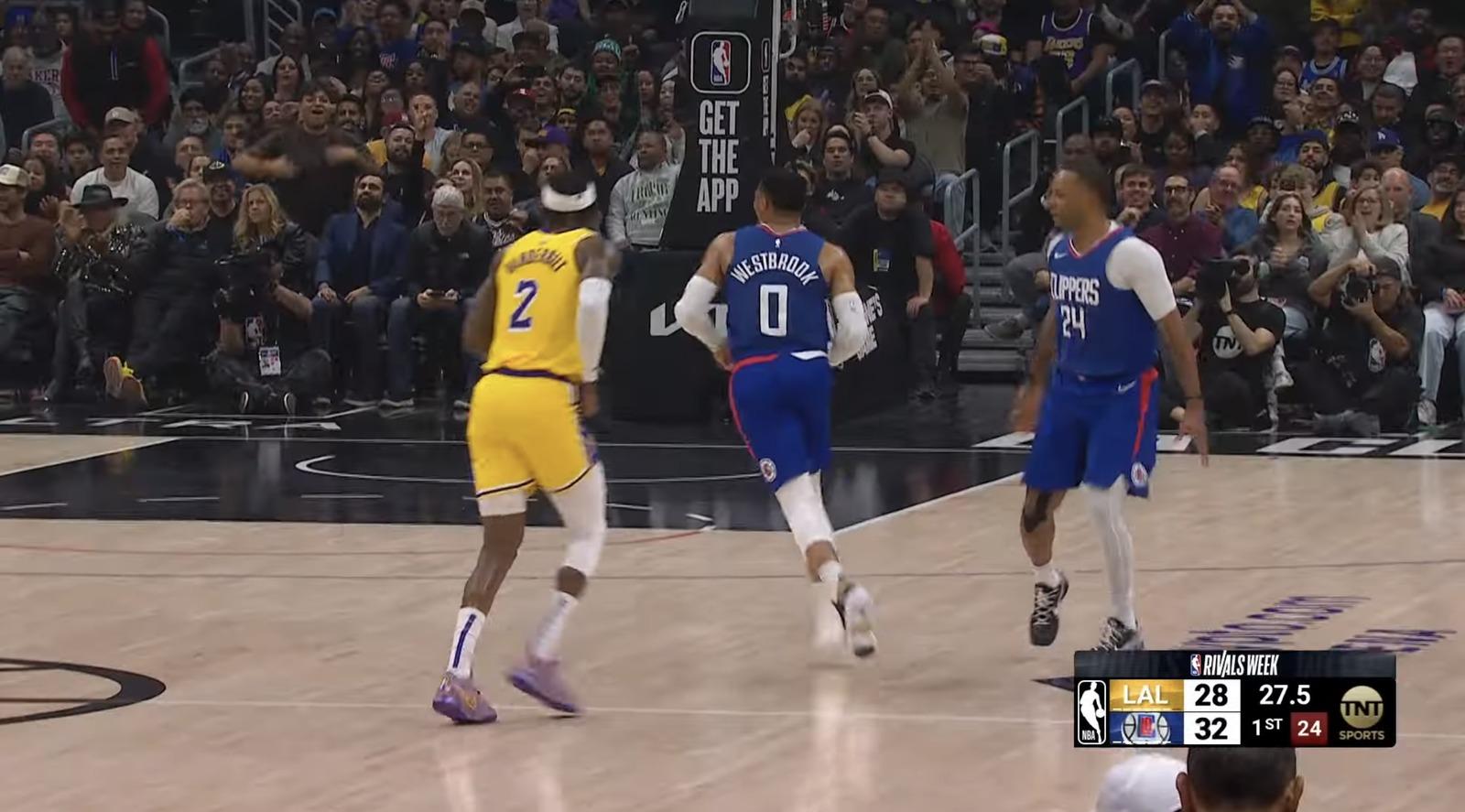 Russell Westbrook sinks a three-pointer without his shoe as Clippers defeat Lakers