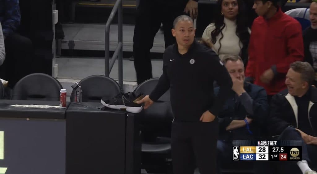 Clippers HC Ty Lue retrieves the shoe of Russell Westbrook (YouTube: Official NBA)
