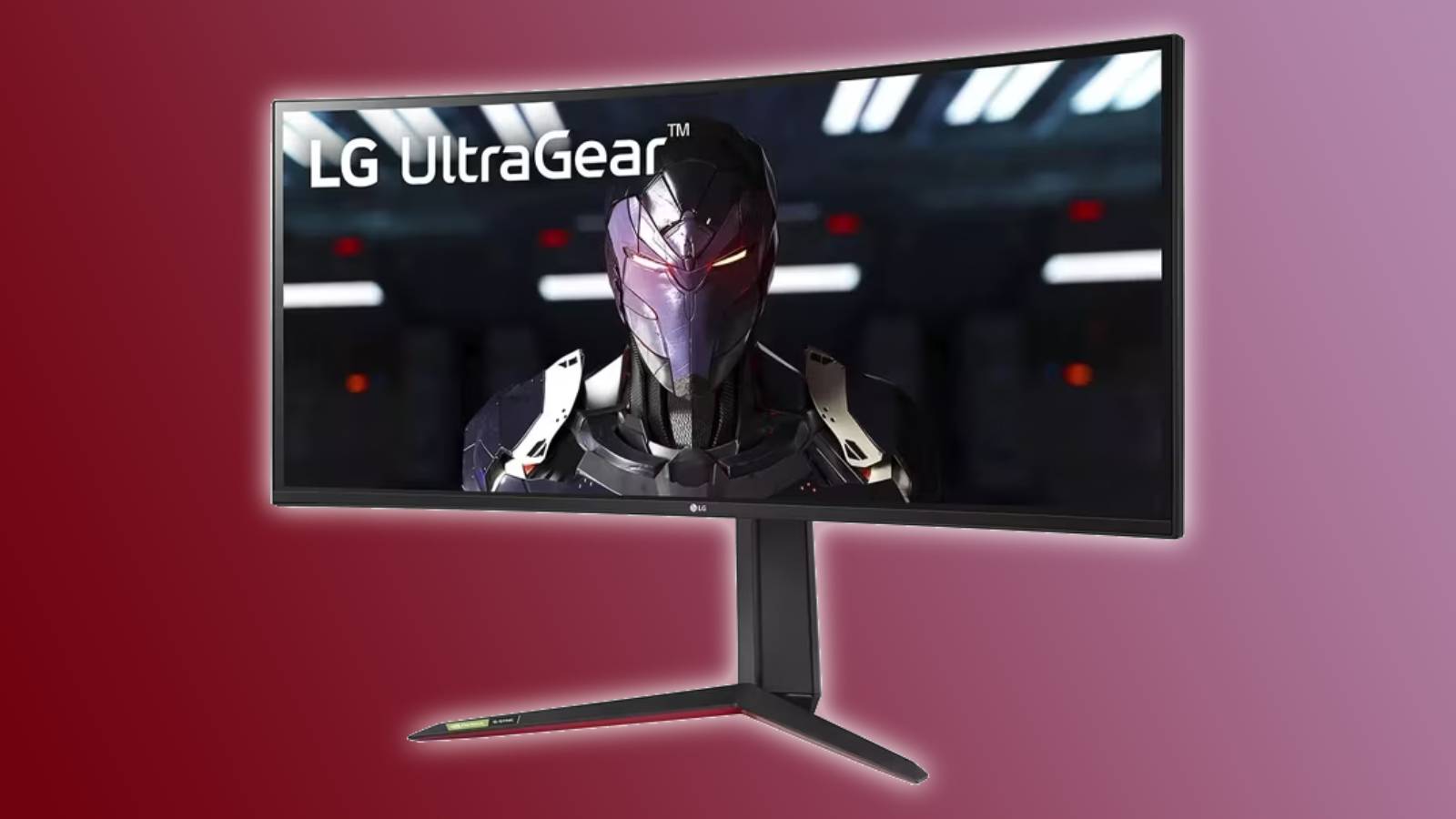 Image of the LG UltraGear QHD 34-Inch Curved Gaming Monitor 34GP83A-B on a red and pink background.