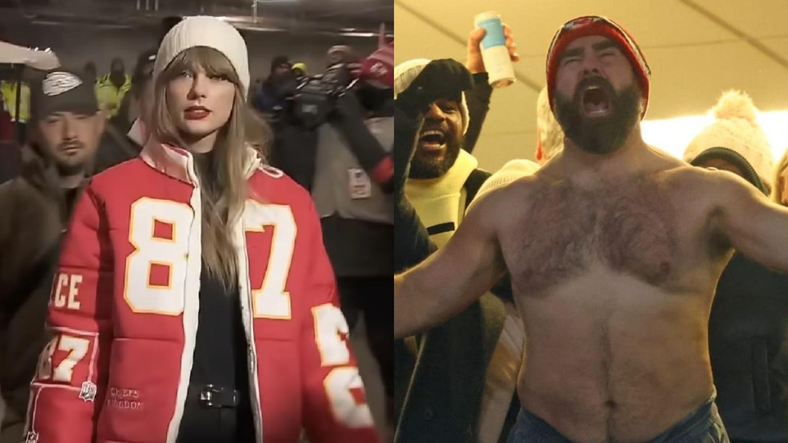 Taylor Swift and a shirtless Jason Kelce in a side-by-side photo