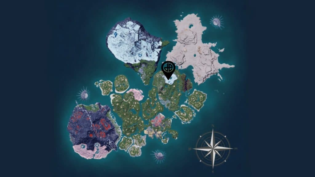 Palworld world map with Frostbound Mountains marked