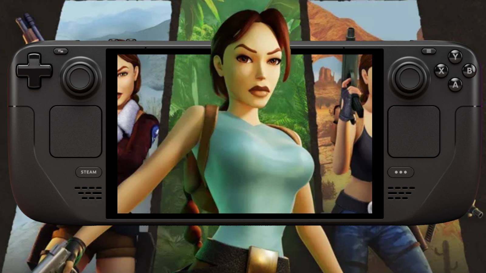 An image of Lara Croft from Tomb Raider 1-3 Remastered on the screen of a Steam Deck OLED.