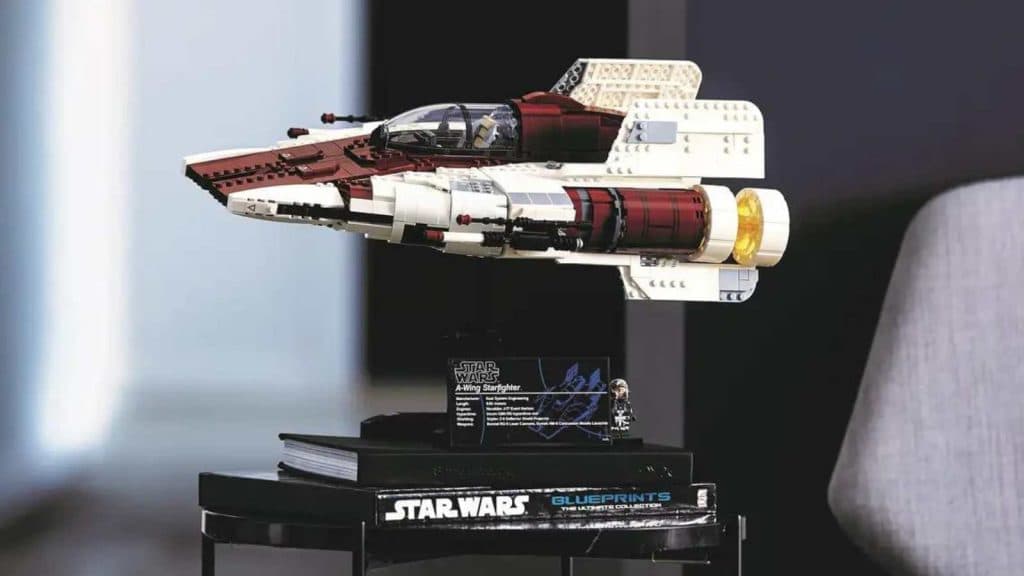 The LEGO Star Wars A-wing Starfighter on display
