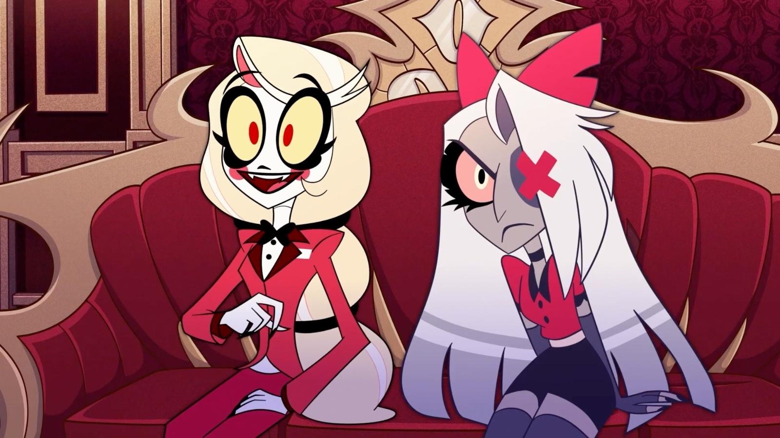 Charlie and Vaggie in Hazbin Hotel on a couch.