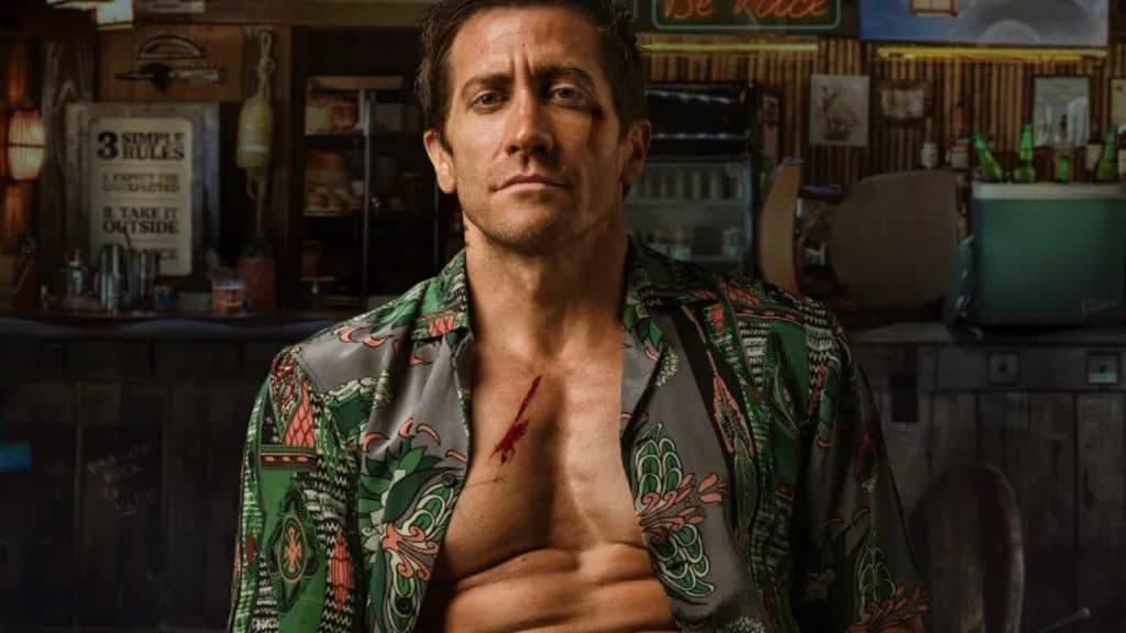 Jake Gyllenhaal with an open shirt in the Road House remake.