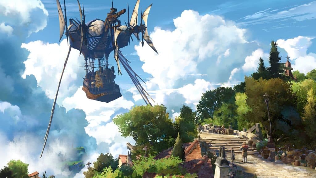 A promotional screenshot from Granblue Fantasy: Relink featuring a flying airship.