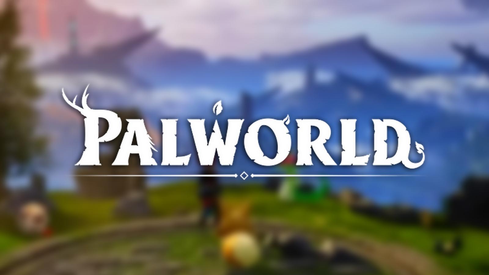 Palworld logo on blurred background of Palworld island