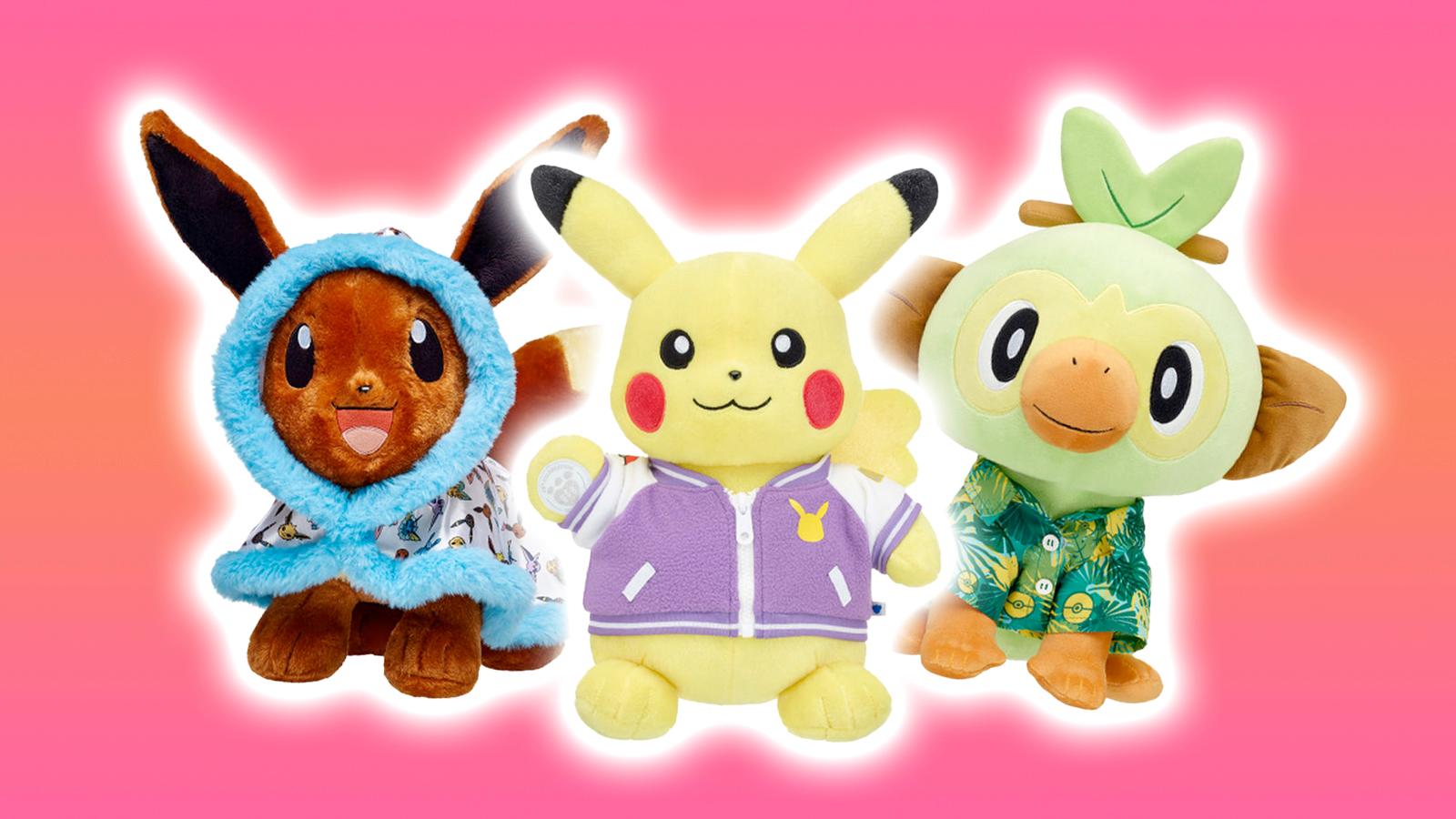 eevee, pikachu, grookey build-a-bear plushes on a pink and orange background with outer glow around them