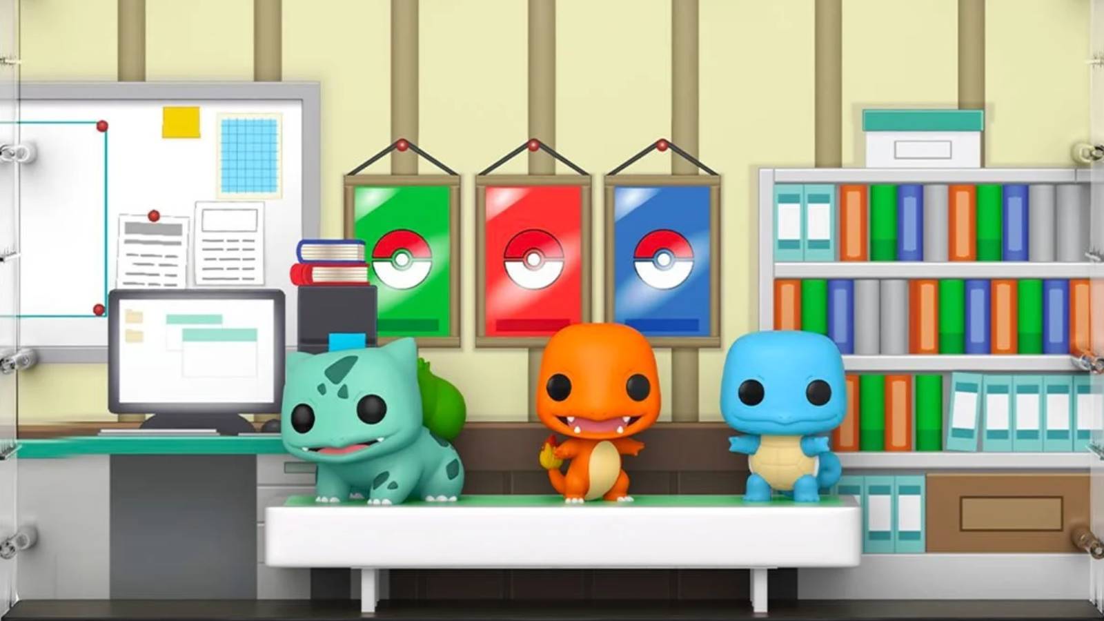 Funko Pop versions of Bulbasaur, Charmander, and Squirtle are all visible