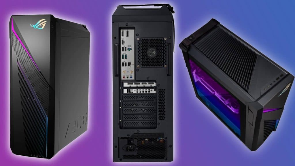 Image of the ASUS - ROG Gaming Desktop from three different angles, while on a pink and purple background.