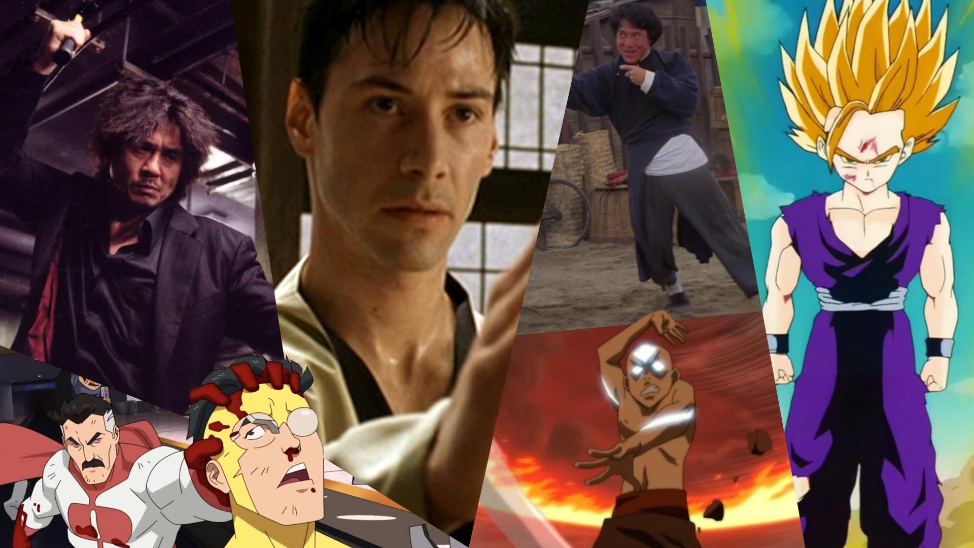 A collage of teh best fight scenes in movies which includes Omni-Man versus Mark, Neo, Oh Dae su, Aang, Jackie Chan, and Gohan