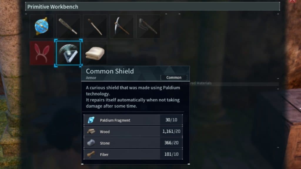 A screenshot featuring the Common Shield in Palworld.