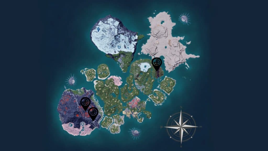 The Palworld Map with Mount Obsidian and other Flambelle locations marked