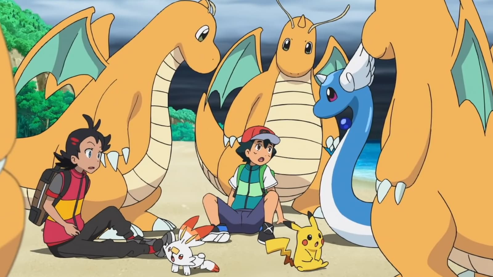 Ash & Goh meet Dragonite & Dragonair on an island in the Pokemon anime