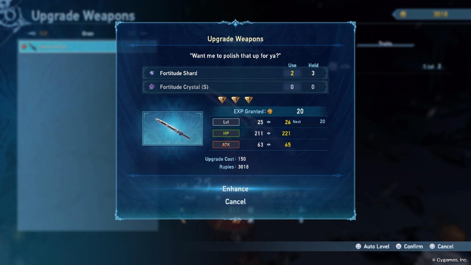 An image of weapon upgrading in Granblue Fantasy: Relink.