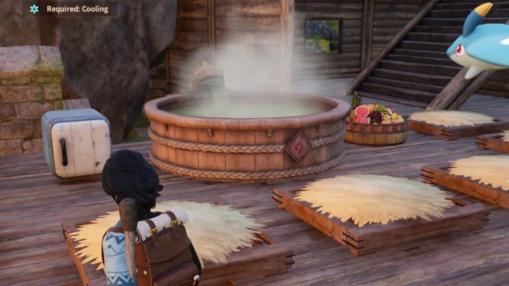 A screenshot featuring Pal beds, feed box, and hot spring in Palworld.