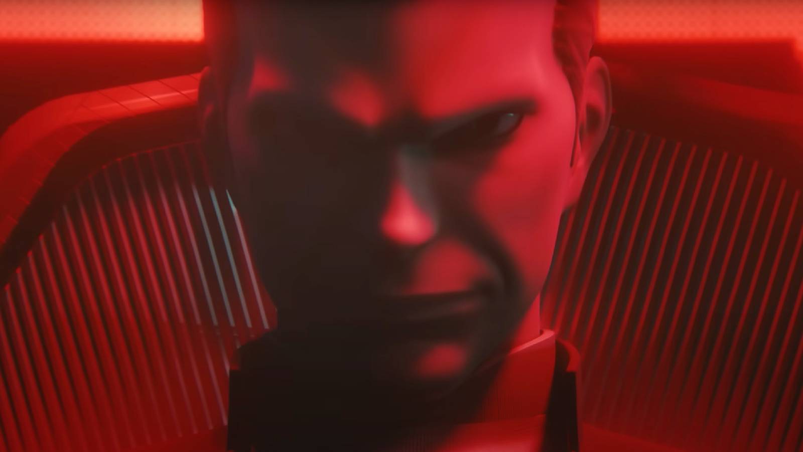 A close up shot show's Team Rocket's Giovanni bathed in red light
