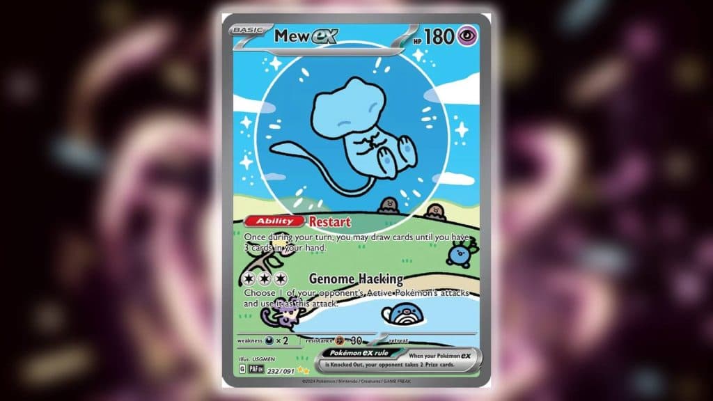 A Pokemon TCG card shows Mew