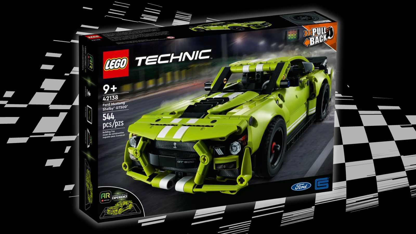 The LEGO Technic Ford Mustang Shelby GT500 set displayed on a black background with a racing-stripe graphic