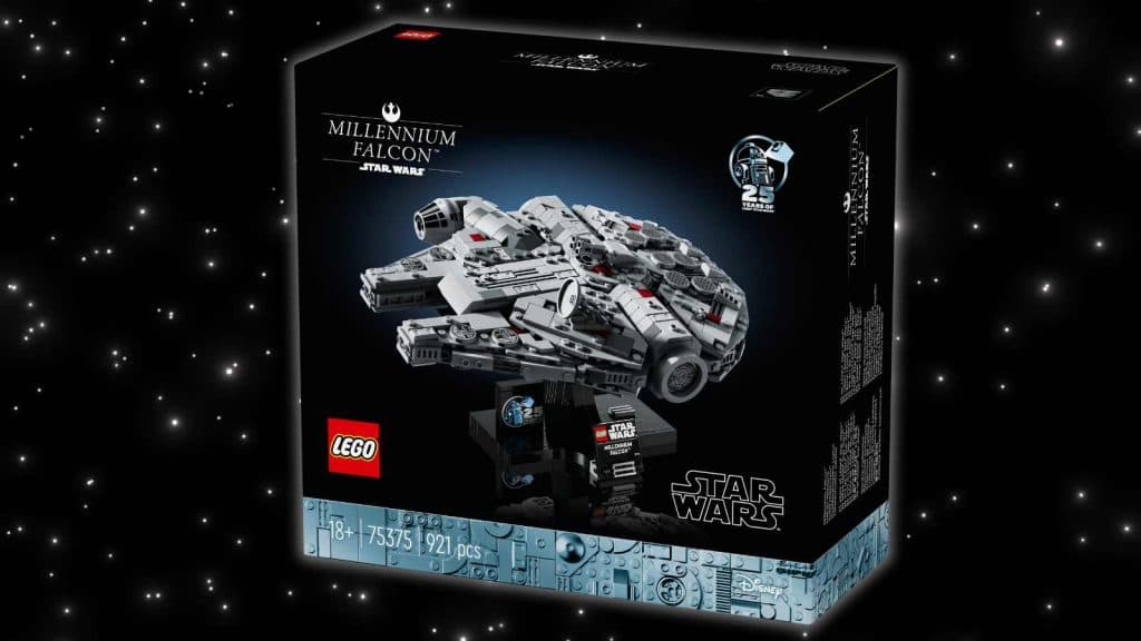 The 25th anniversary LEGO Star Wars Millennium Falcon on a galaxy background