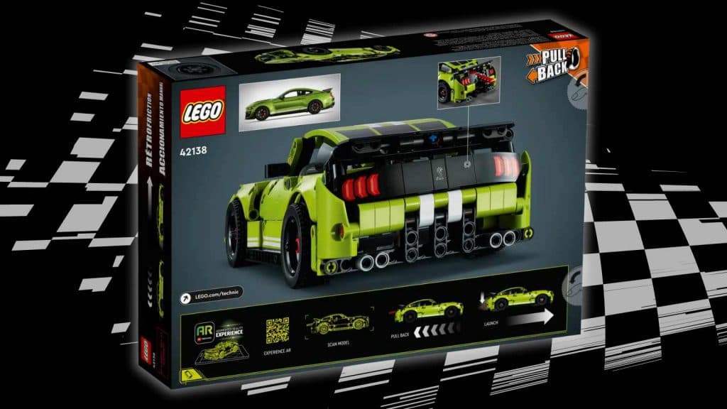 The back of the box containing the LEGO Technic Ford Mustang Shelby GT500 on a black background with a racing-stripe graphic