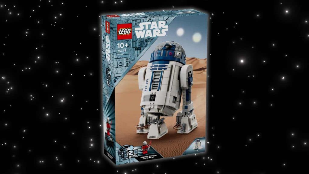 The special, 25th anniversary edition LEGO Star Wars R2-D2 on a galaxy background
