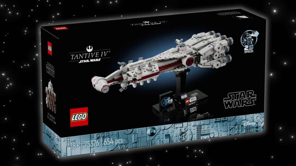 The LEGO Star Wars Tantive IV on a galaxy background