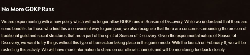 The official statement from Blizzard on GDKP runs in Season of Discovery