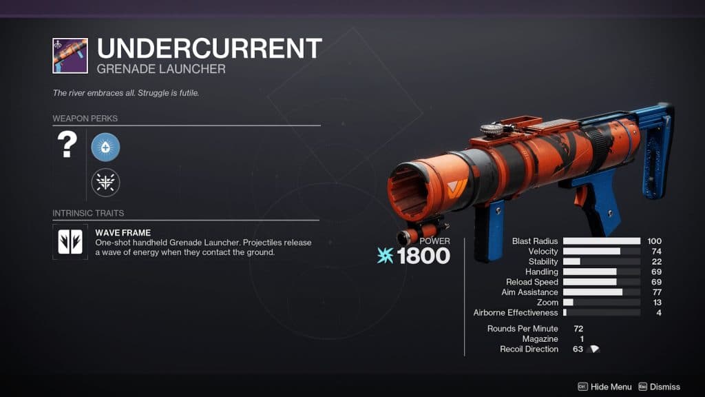 Undercurrent Arc Grenade Launcher stats in Destiny 2.