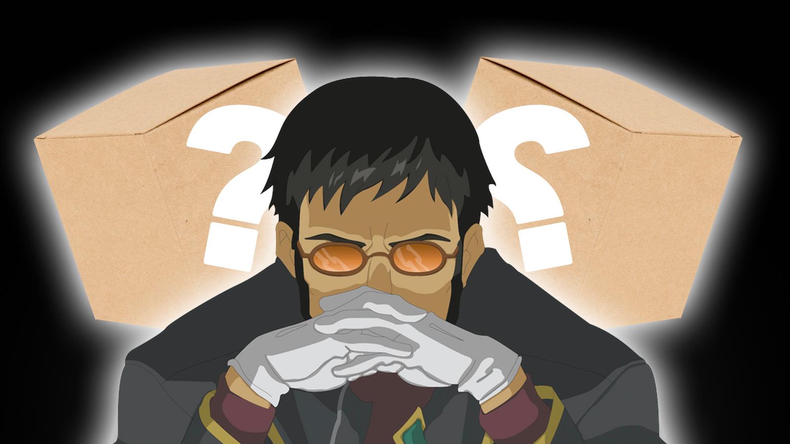 gendo in front of two boxes meant to represent the new evangelion blind boxes