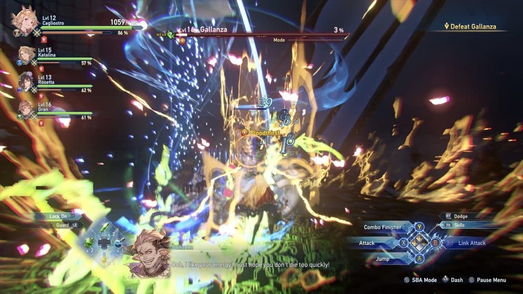 chaotic action shot with numbers and effect flying everywhere in granblue fantasy relink