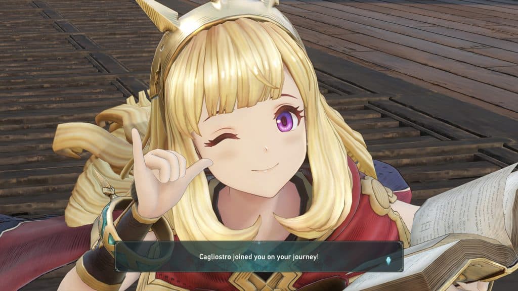 granblue fantasy relink character winking at the camera after being unlocked, a confirmation message is underneath