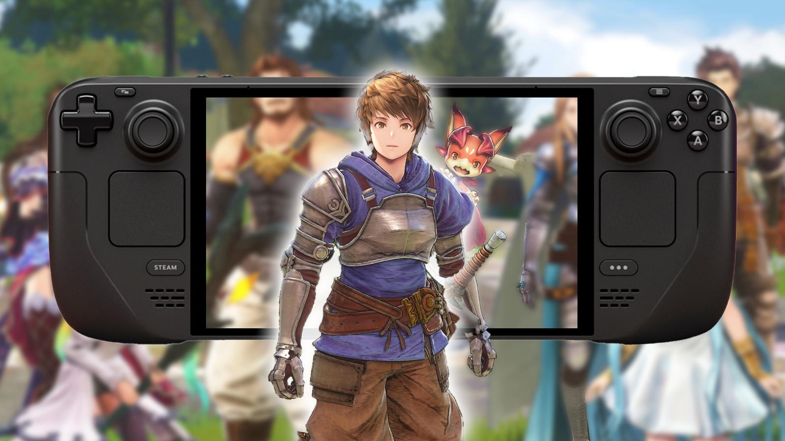 granblue fantasy relink screenshot with a steam deck oled overlayed on top