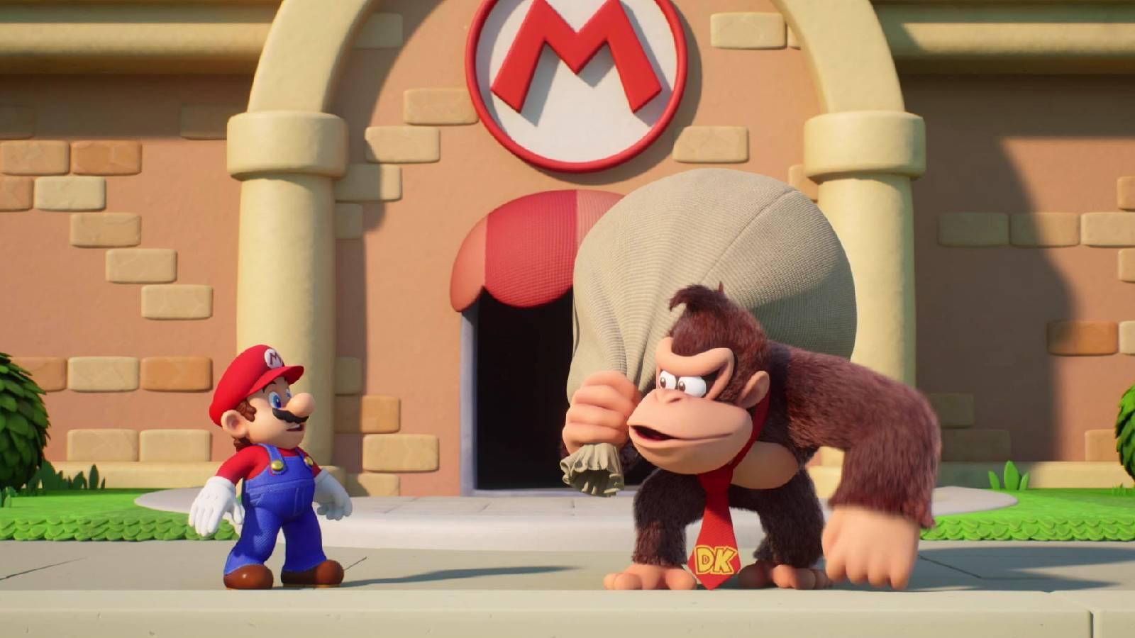 A screenshot from Mario vs. Donkey Kong shows Donkey Kong making an escape with a bag full of Mini-Mario toys