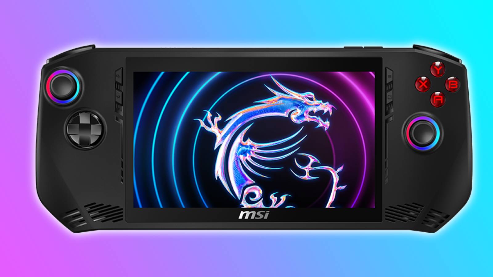 Image of the MSI Claw handheld on a pink and blue background.