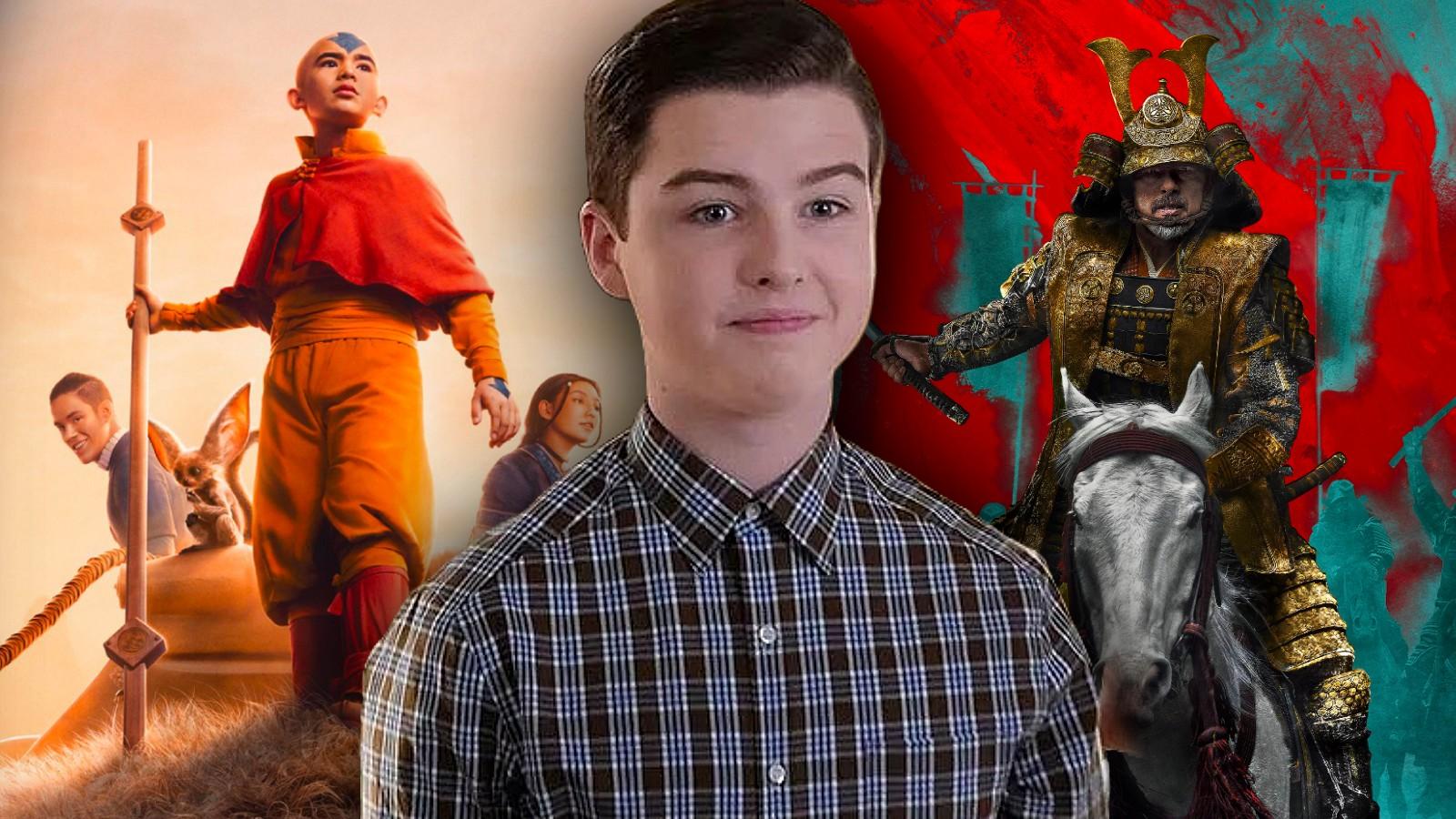 Stills from Netflix's Avatar: The Last Airbender, Young Sheldon, and Shōgun
