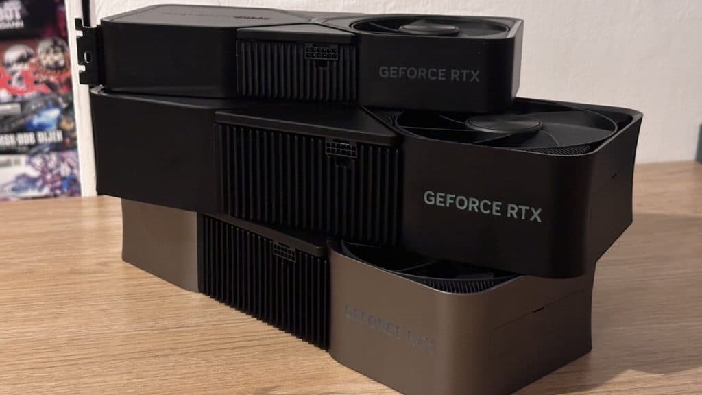 RTX 4080 Super with other GPUs piled on top of it on a desk