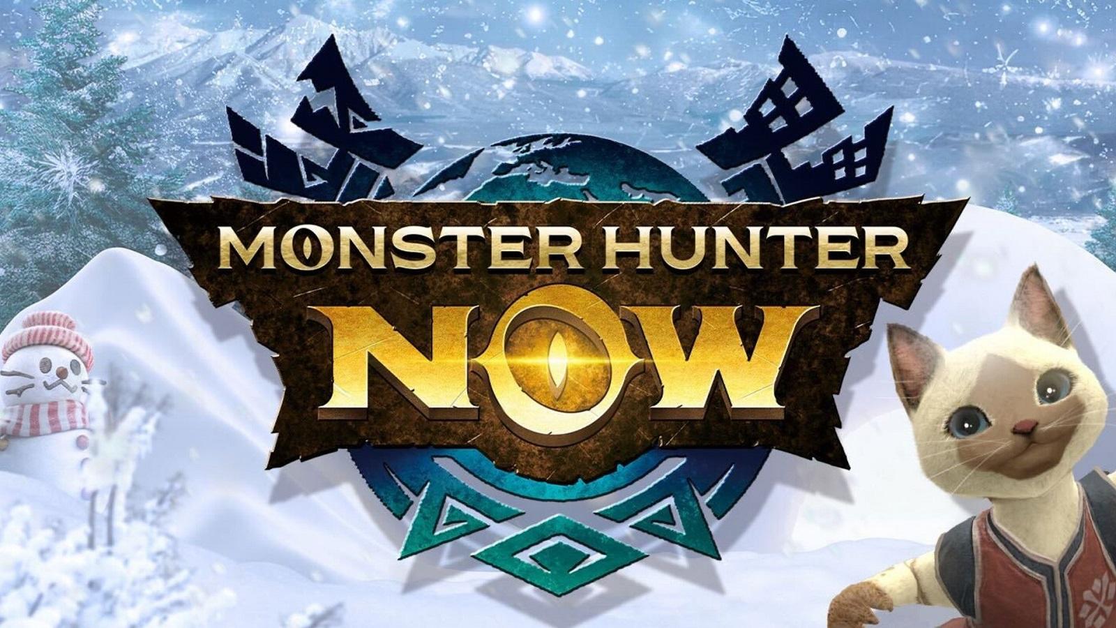 Monster Hunter Now logo next to a Palico in the snow