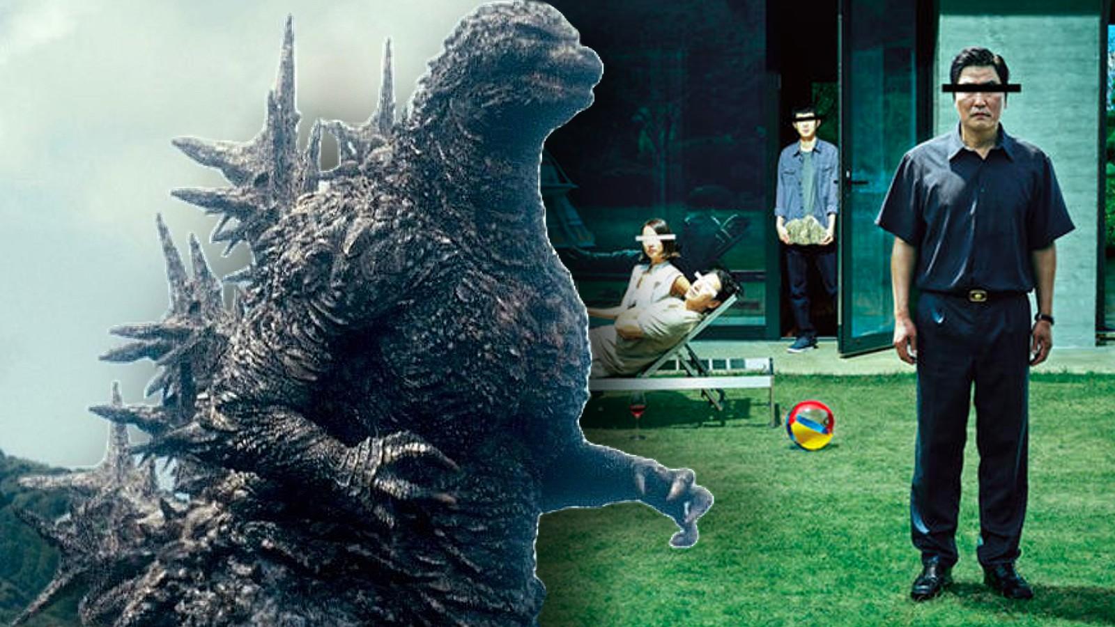 A still from Godzilla Minus One and the poster for Parasite