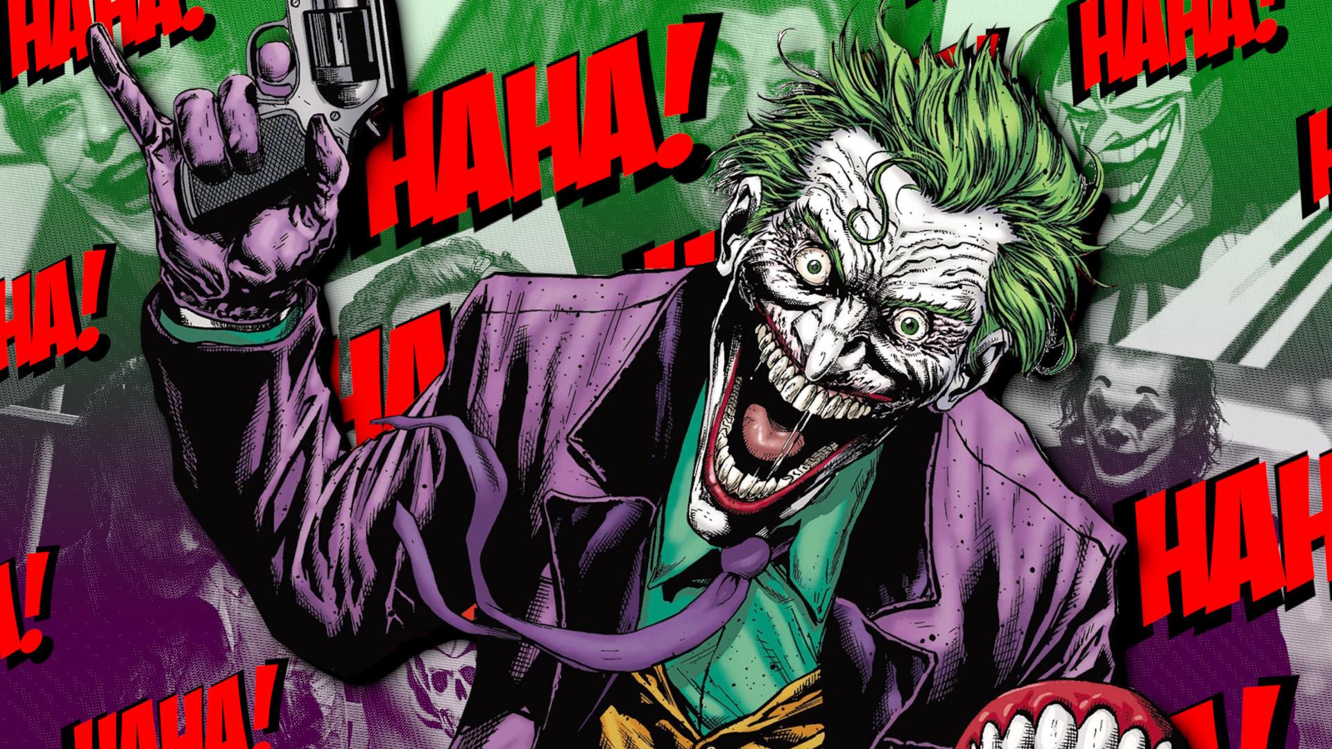 The Joker looks manic on a field of green and purple