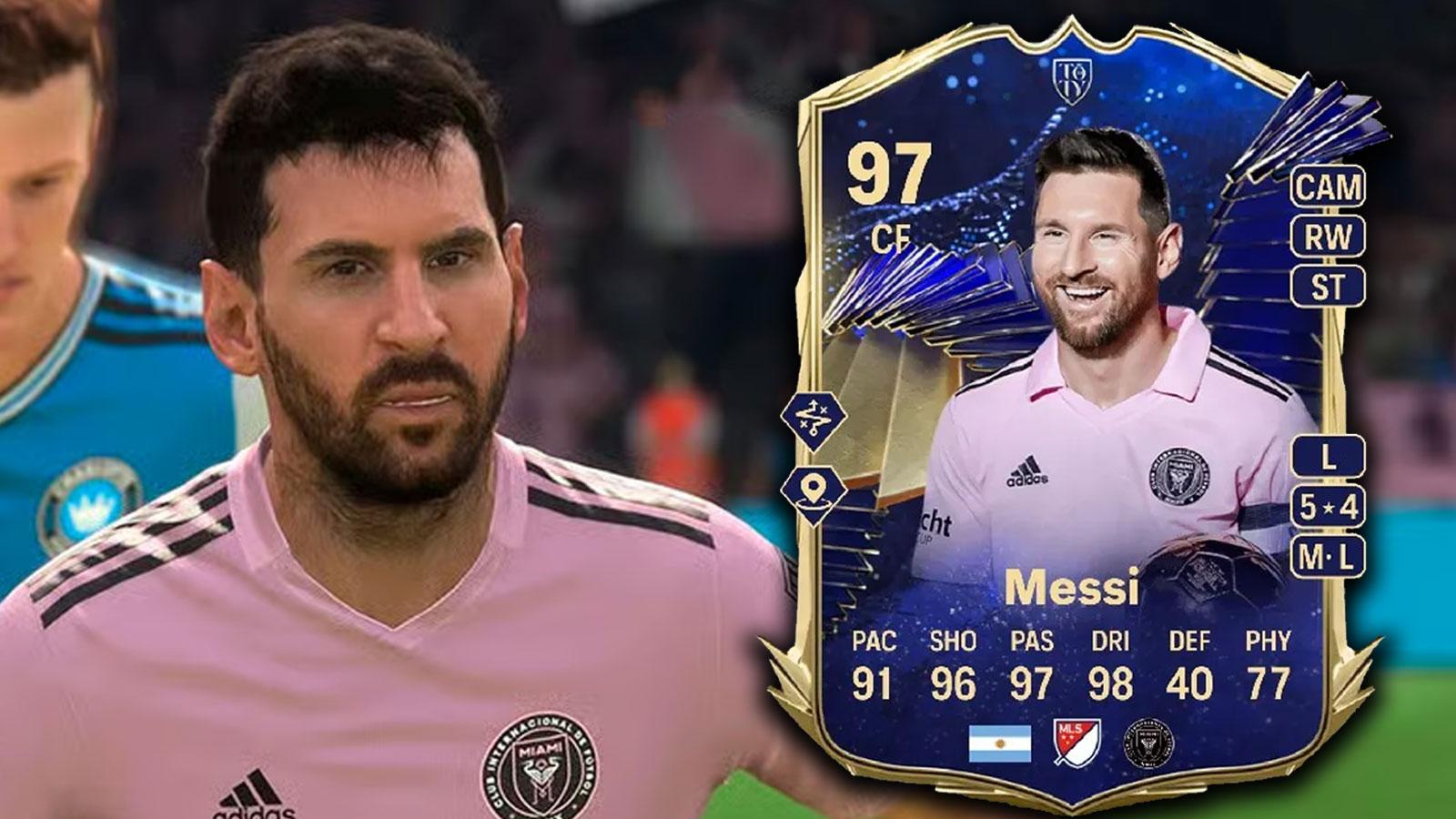 Messi in EA FC 24 next to Team of the Year promo card