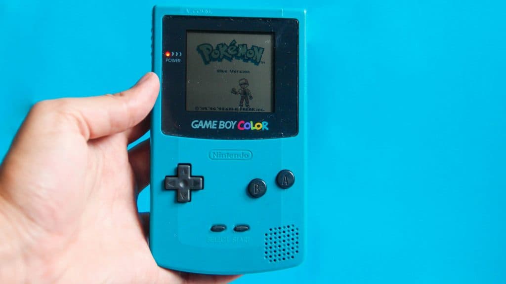 Blue Gameboy with Pokemon screen.